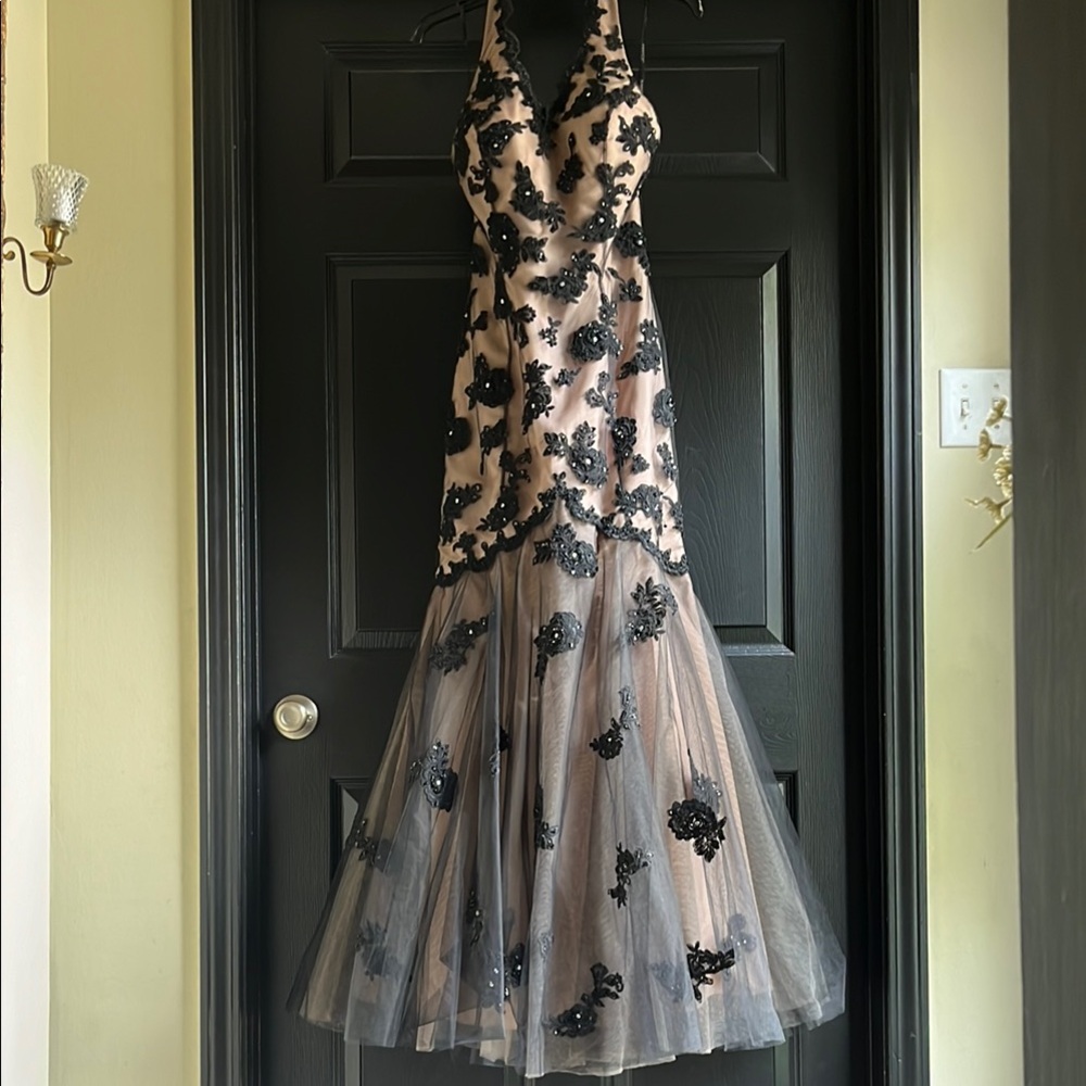 Elegant Jovani Rhinestone, Sequin, and Black Lace and Nude Mermaid Evening Gown